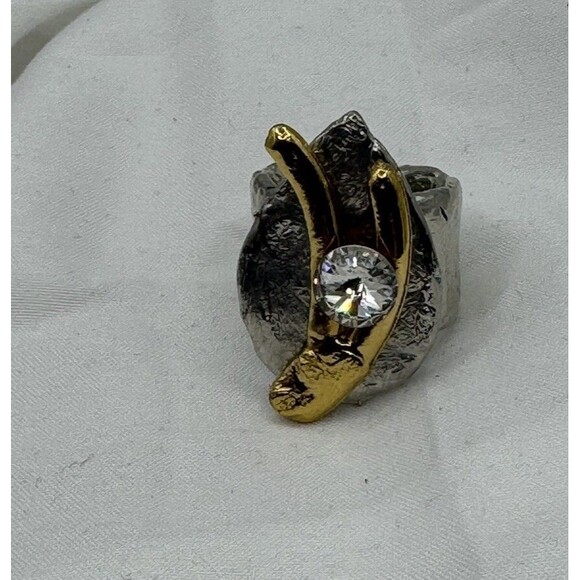 Vintage J. Jansen Gold Silver Tone Hammered Crystal Cocktail Ring Size 6.5 - Picture 10 of 12